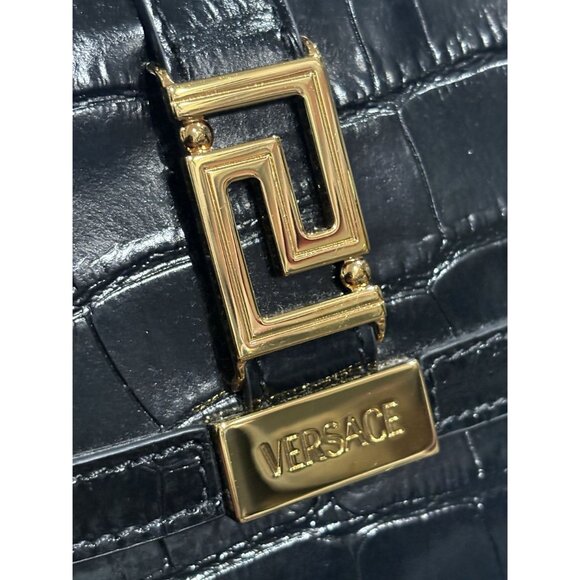 Versace Greca Goddess Croc-Embossed Top Handle Mini Bag in Black Calfskin - Picture 11 of 13